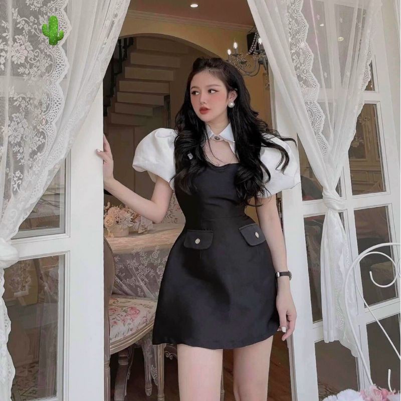 Đầm tiểu thư tay phồng ĐEN TRẮNG