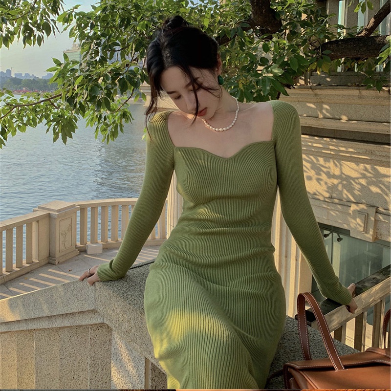 [Augustcloth]Đầm/ Váy dài tay dài cổ tim xanh phong cách Hàn Quốc