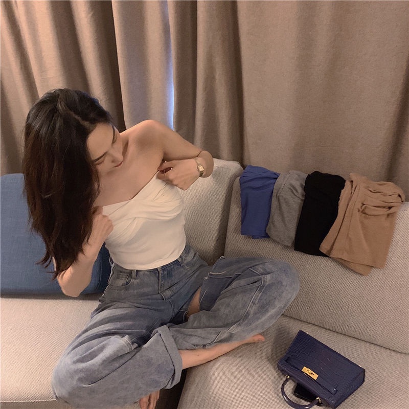 COZOK Áo Hai Dây Dệt Kim Thiết Kế Dây Đan Chéo Xếp Ly Phong Cách Hàn Quốc Quyến Rũ