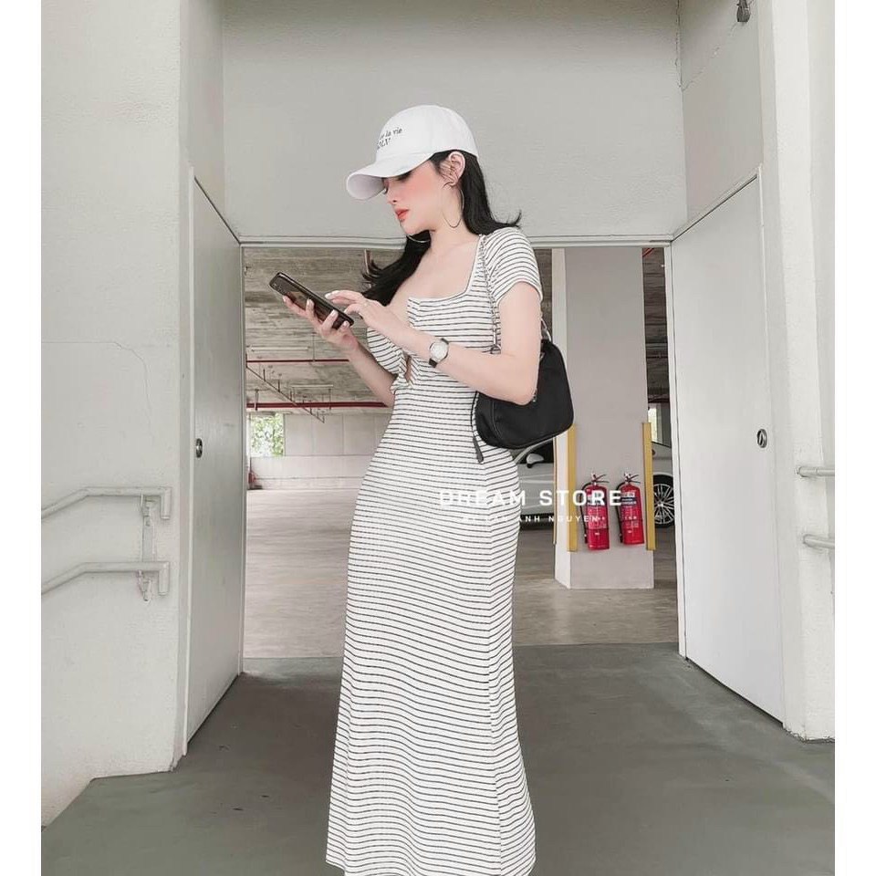Đầm maxi body thun kẻ sọc ngang tay ngắn cổ vuông gài nút (Bầu nhỏ bon chen thoải mái nha)