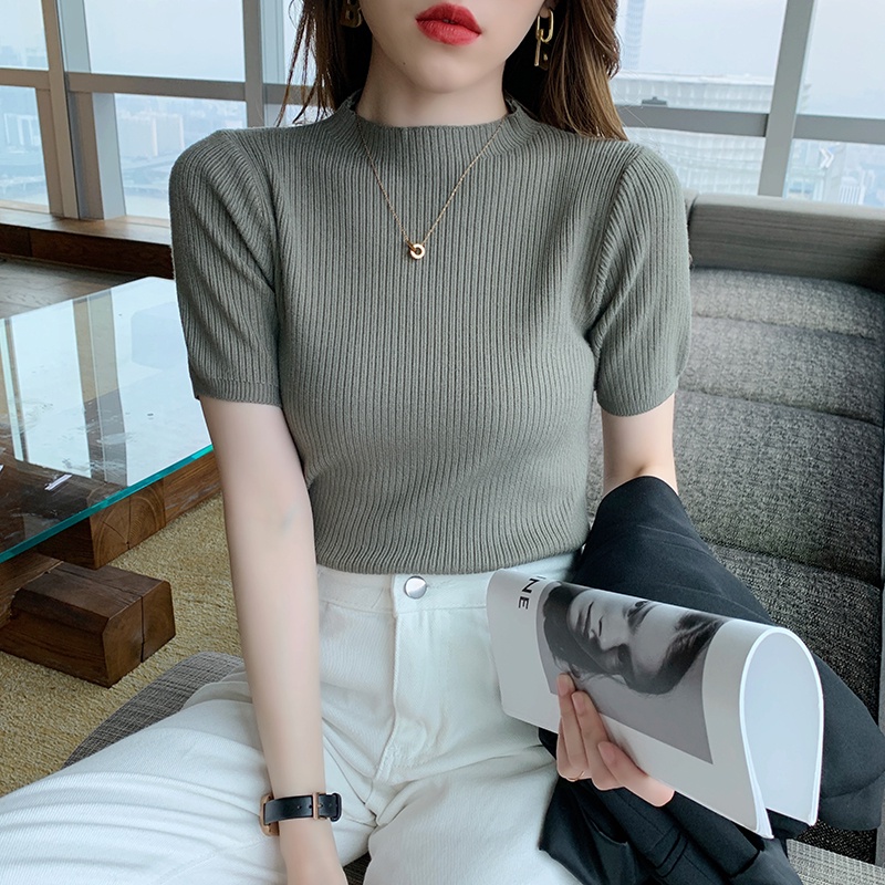 Áo thun SUXI dệt kim tay ngắn cổ tròn đơn giản thời trang mùa xuân dành cho nữ