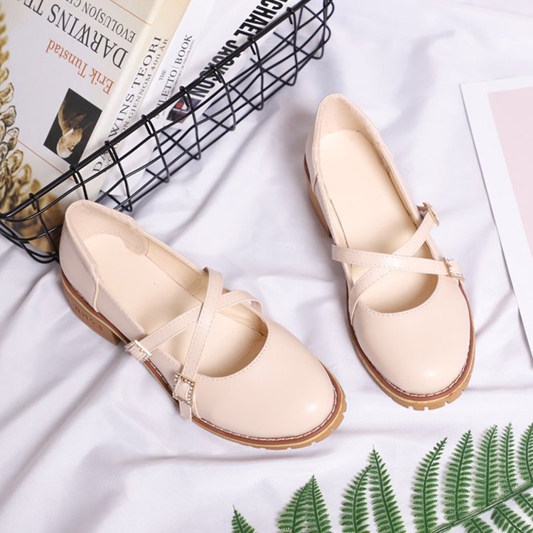 Giày Búp Bê Nữ Sandal Nữ Quai Chéo Gót Thấp 3 Phân Phong Cách Nhật Bản