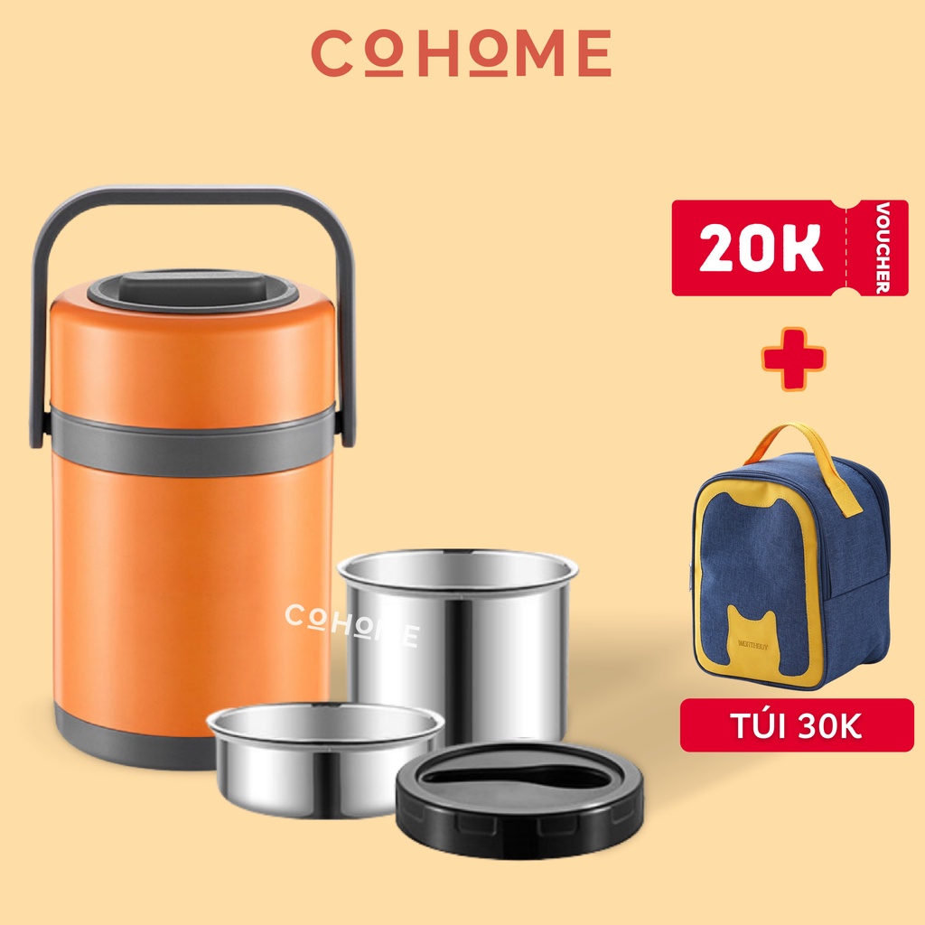 Hộp cơm giữ nhiệt văn phòng COHOME 3 tầng ruột inox 304 cao cấp 2L có quai cầm tiện lợi