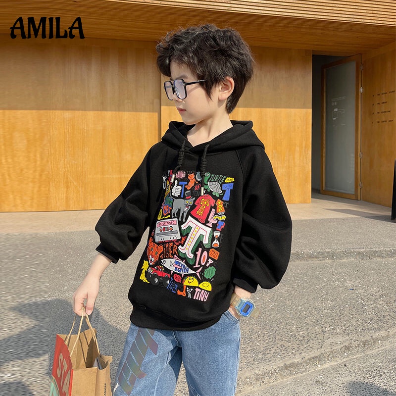 Áo hoodie AMILA dáng rộng họa tiết hoạt hình phong cách Hàn Quốc cho bé trai