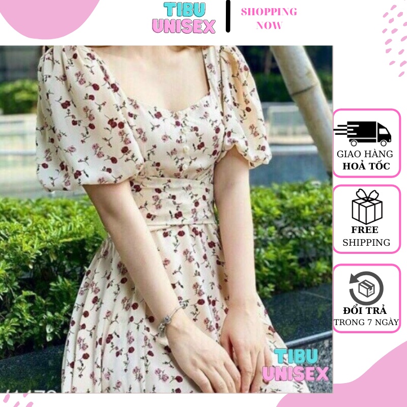 Đầm hoa nhí vintage cổ cúc body tay phồng ulzzang thắt eo tiểu thư