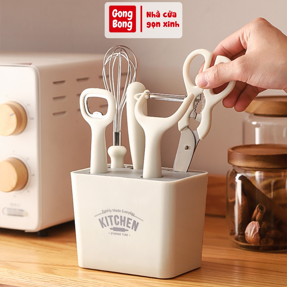 Bộ dụng cụ nhà bếp 6 món đồ dùng tiện lợi nấu ăn gồm dao gọt dao nạo vỏ kéo mở bia đánh trứng có kệ cắm