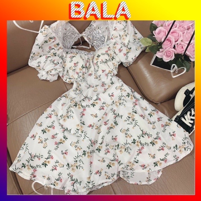 pass đầm voan hoa tiểu thư hở lưng phối ren freesize