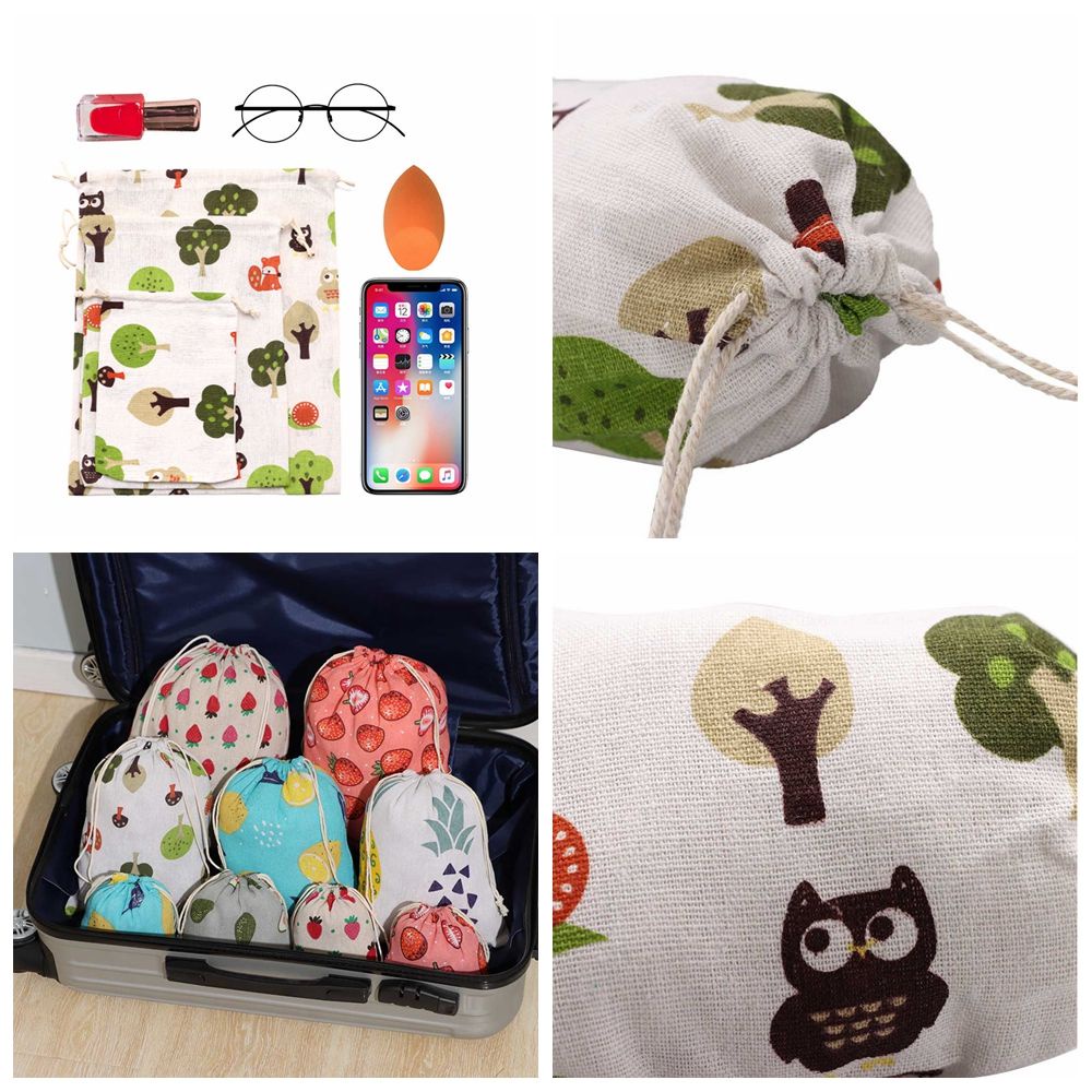Túi dây rút bằng vải lanh cotton chống bụi in họa tiết trái cây dùng đựng đồ trang điểm