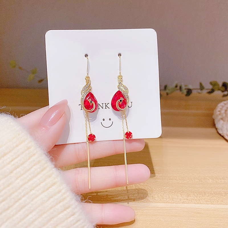 Khuyên Tai Dài Tua Rua Hình Phượng Hoàng Đỏ Đính Đá Pha Lê Cao Cấp Thanh Lịch