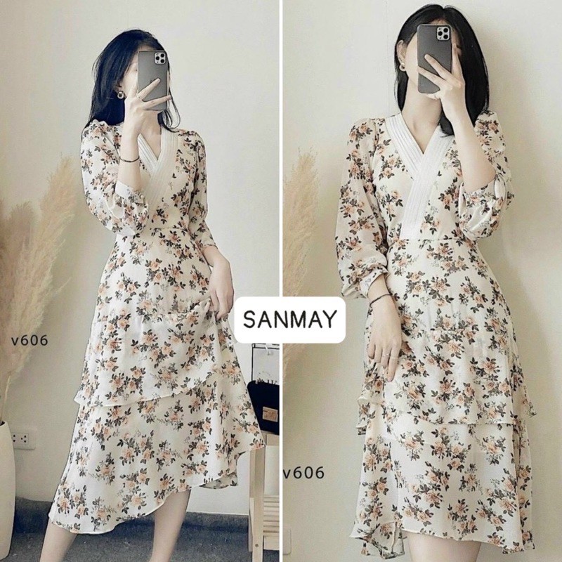 Đầm hoa vintage dáng dài ôm eo, thiết kế maxi cổ V tay bồng, phong cách retro VD014