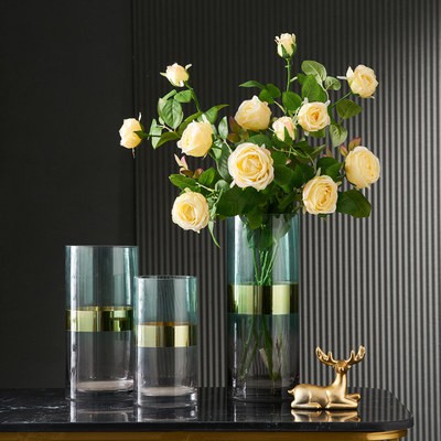 Bình hoa thủy tinh trong suốt bằng kính màu vàng kim loại hiện đại, đồ trang trí Bình hoa trang trí phòng khách đơn giản