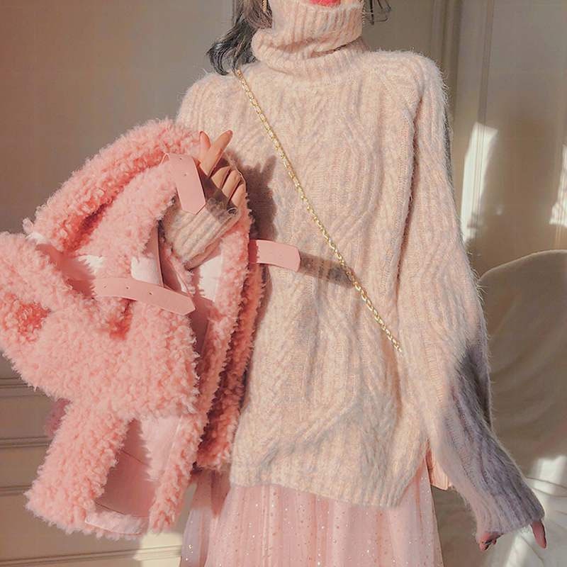 Áo Sweater Dệt Kim Cổ Lọ Tay Dài Dáng Rộng Thời Trang Mùa Đông Hàn Quốc Cho Nữ
