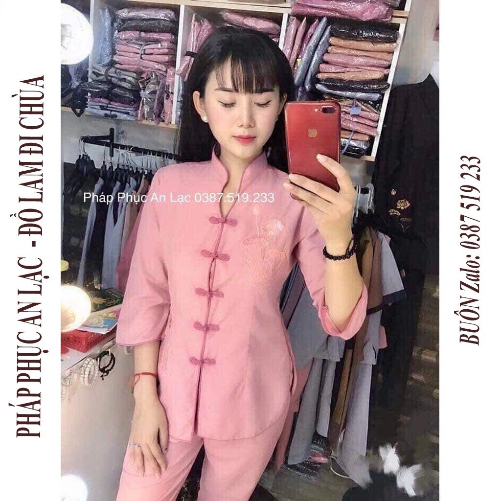 Đồ lam đi chùa mẫu cổ tàu thêu hoa sen truyền thống màu hồng phấn