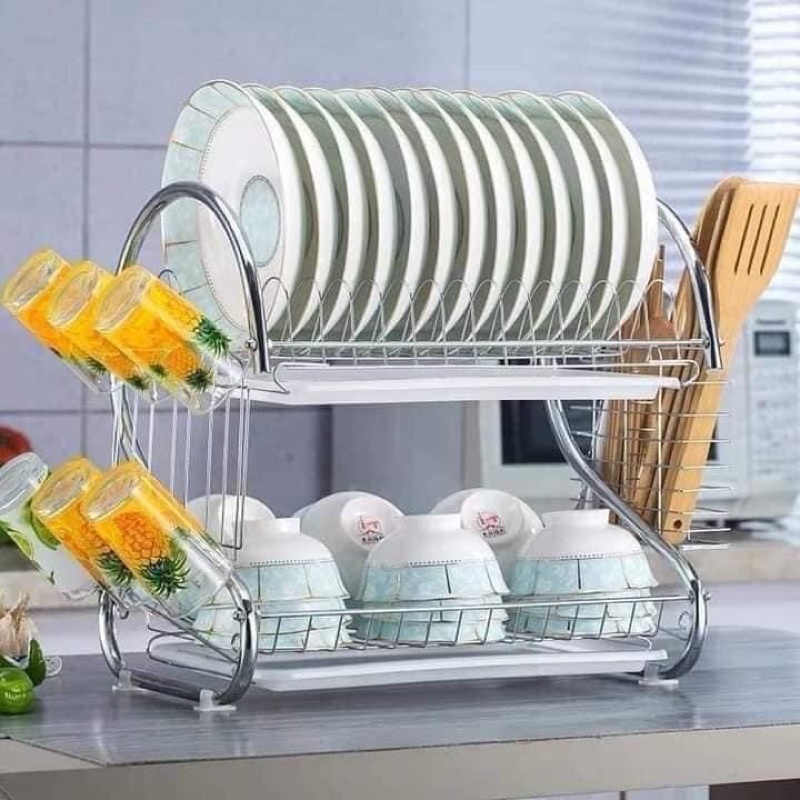 Kệ chén 2 tầng, kệ úp chén inox có khay hứng nước, kệ chén inox treo tường