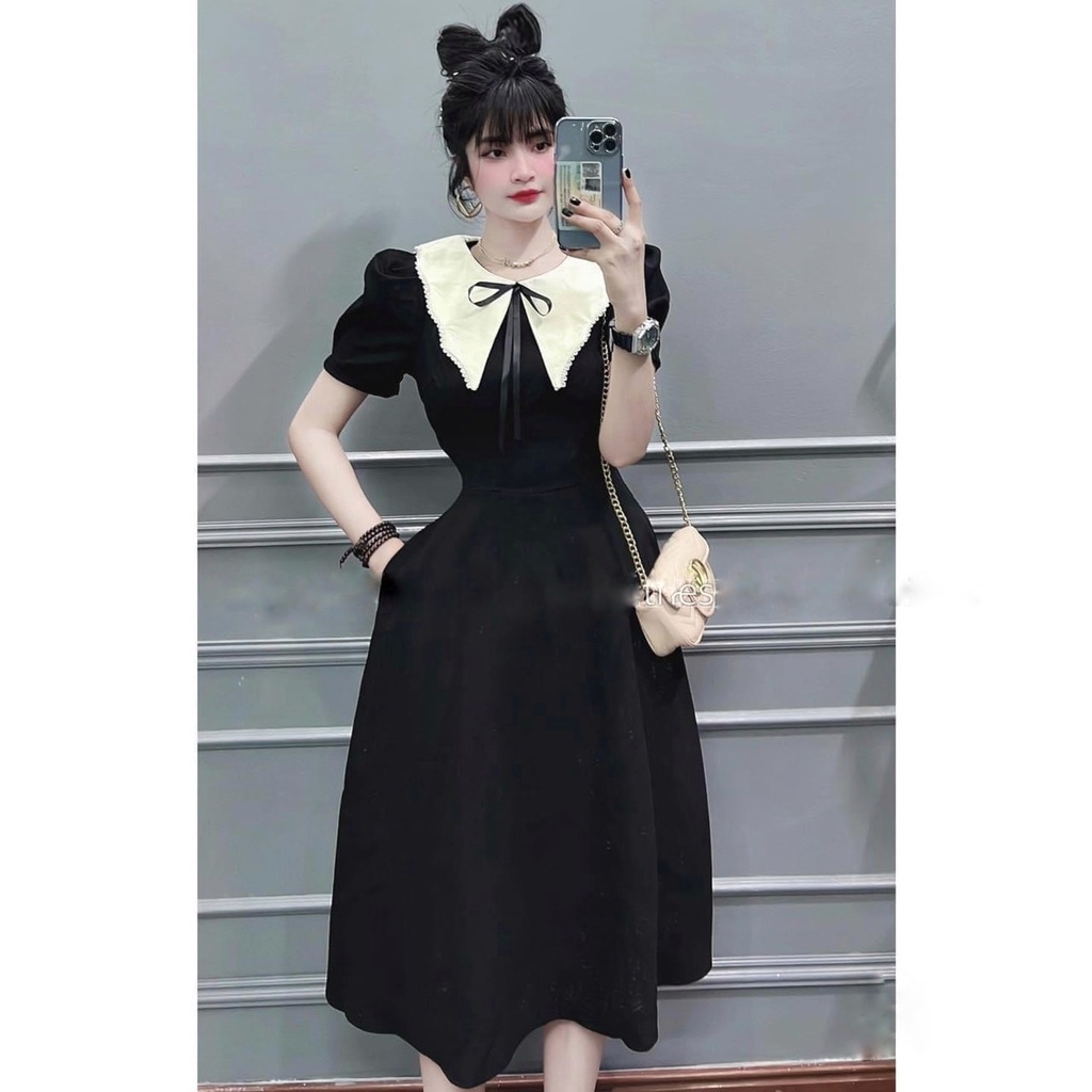 Váy , Đầm Nữ Bigsize , Váy Công Sở Cổ Nhọn Cột Nơ Ngực Che Khuyết Điểm Cho Người Mập 50.90kg