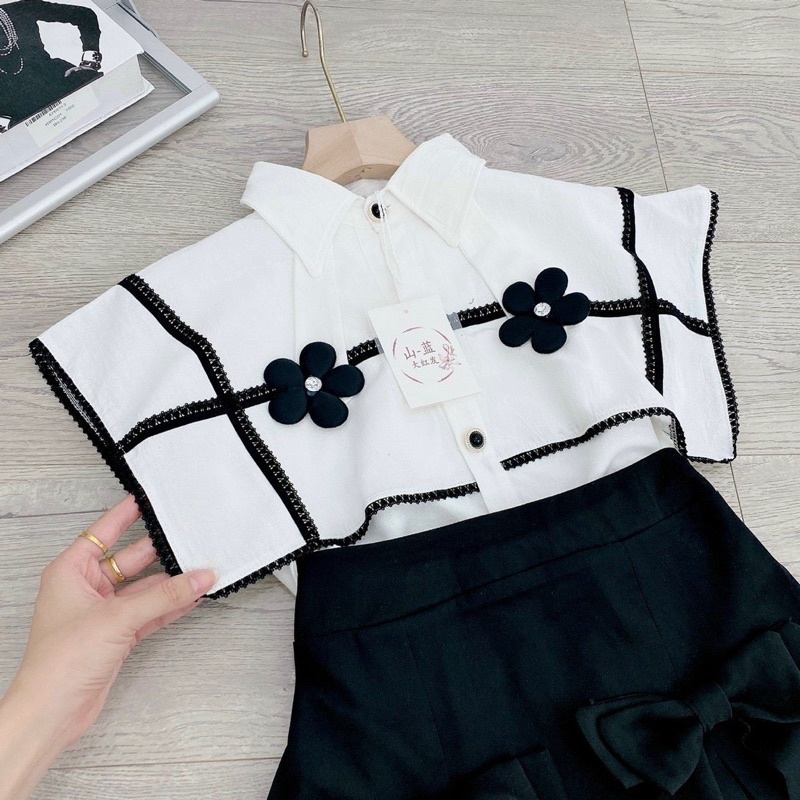 Set áo thuỷ thủ xốp đính hoa viền ren mix chân váy xoè đính nơ cực sịn