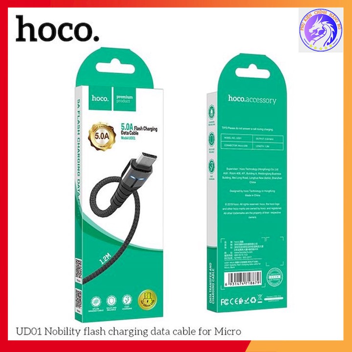 Cáp Sạc Nhanh Dây Dù Phát Sáng Tự Ngắt Khi Pin Đầy Cổng Sạc Micro USB 5.0A Hoco UD01 Dài 1.2m