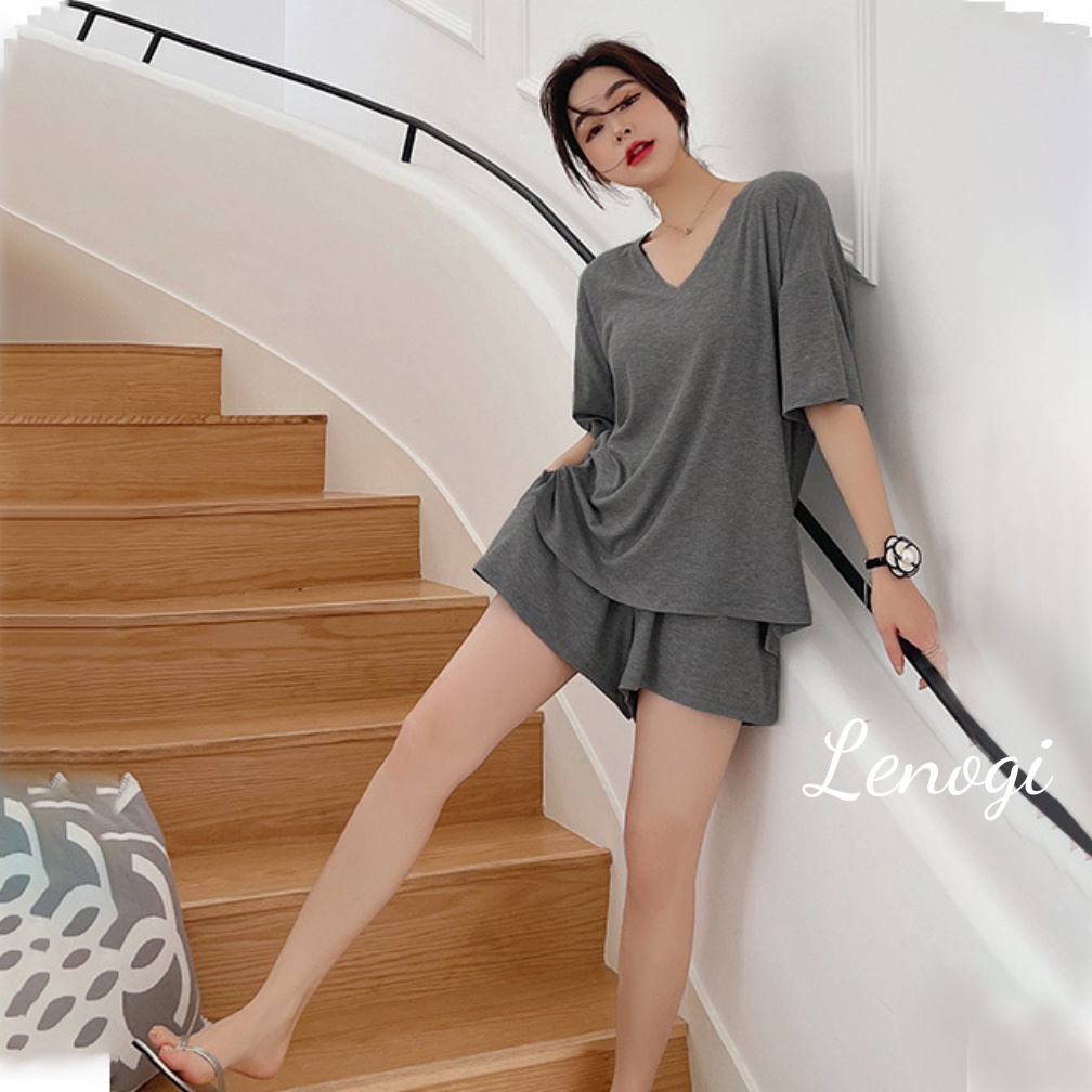 Bộ đồ cộc tay nữ ❤️iCotton❤️ Bộ đồ mặc nhà áo cổ tim quần đùi dáng rộng mềm mát