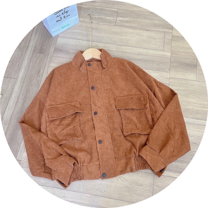 Áo khoác lửng croptop kaki nhung gân 1 lớp không nón túi hộp nút bấm unisex ulzzang nam nữ