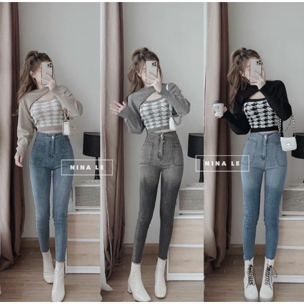 Set áo choàng tay dài kèm áo 2 dây họa tiết zic zac