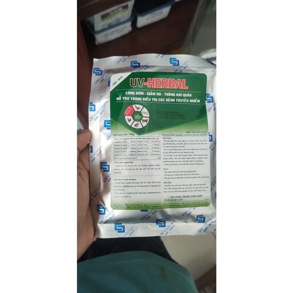 [DT] UV- Herbal `00g dường hô hấp, làm giảm ho, long đờm, giảm tiết dịch nhầy trên trâu, bò, lợn, gà, gà tây và vịt, cút