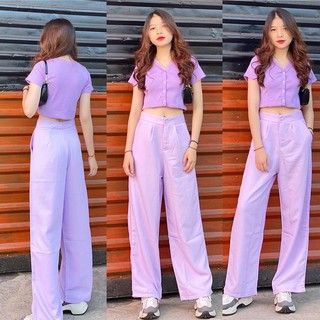 Set áo crop quần tím ống rộng