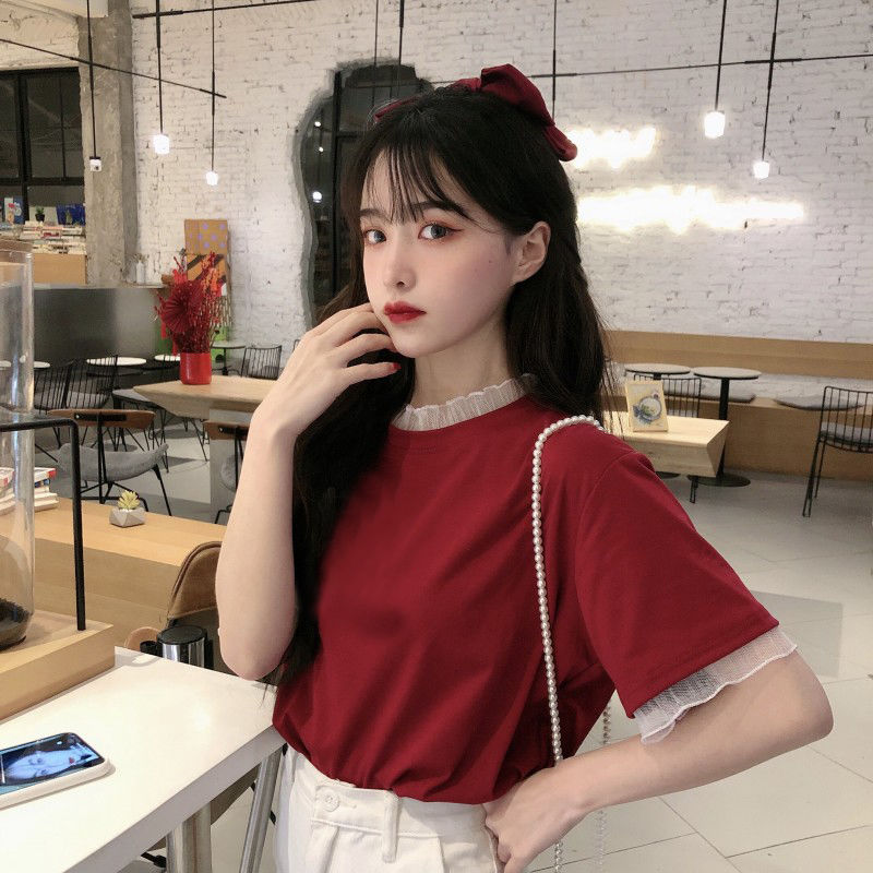 Áo Thun Ngắn Tay Phối Lưới Phong Cách Hàn Quốc Dành Cho Nữ