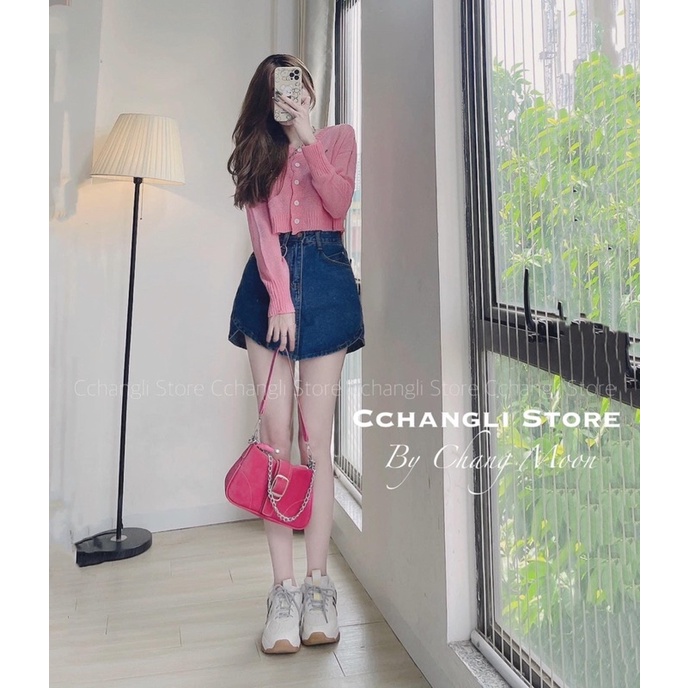 Chân váy jean chữ A có lót quần màu xanh và Hồng