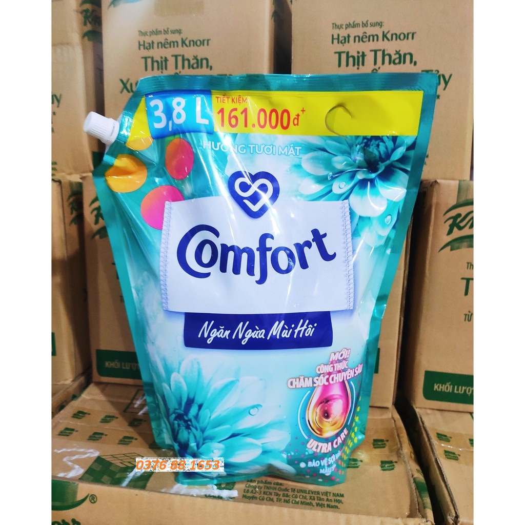 COMFORT Nước Xả Vải Làm mềm vải 3.8 lít 3.8l Hương Ban Mai Ngăn Ngừa Mùi Hôi 1 Lần Xả Túi Có Vòi Lớn