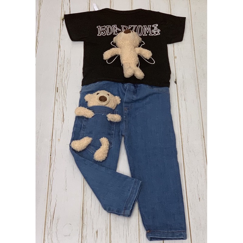 SET QUẦN JEAN ÁO THUN COTTON HOẠ TIẾT GẤU BÔNG THỜI TRANG CHO TRẺ EM NĂNG ĐỘNG TỪ 8-18kg
