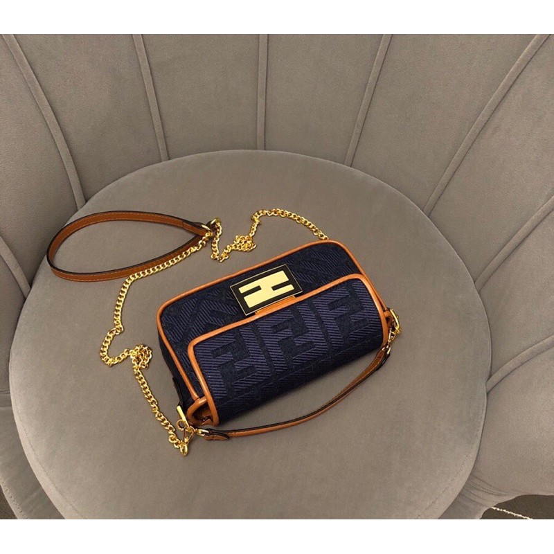 Túi đeo chéo Fendi FD màu demin viền bo da thật cao cấp dây đeo xích sang trọng