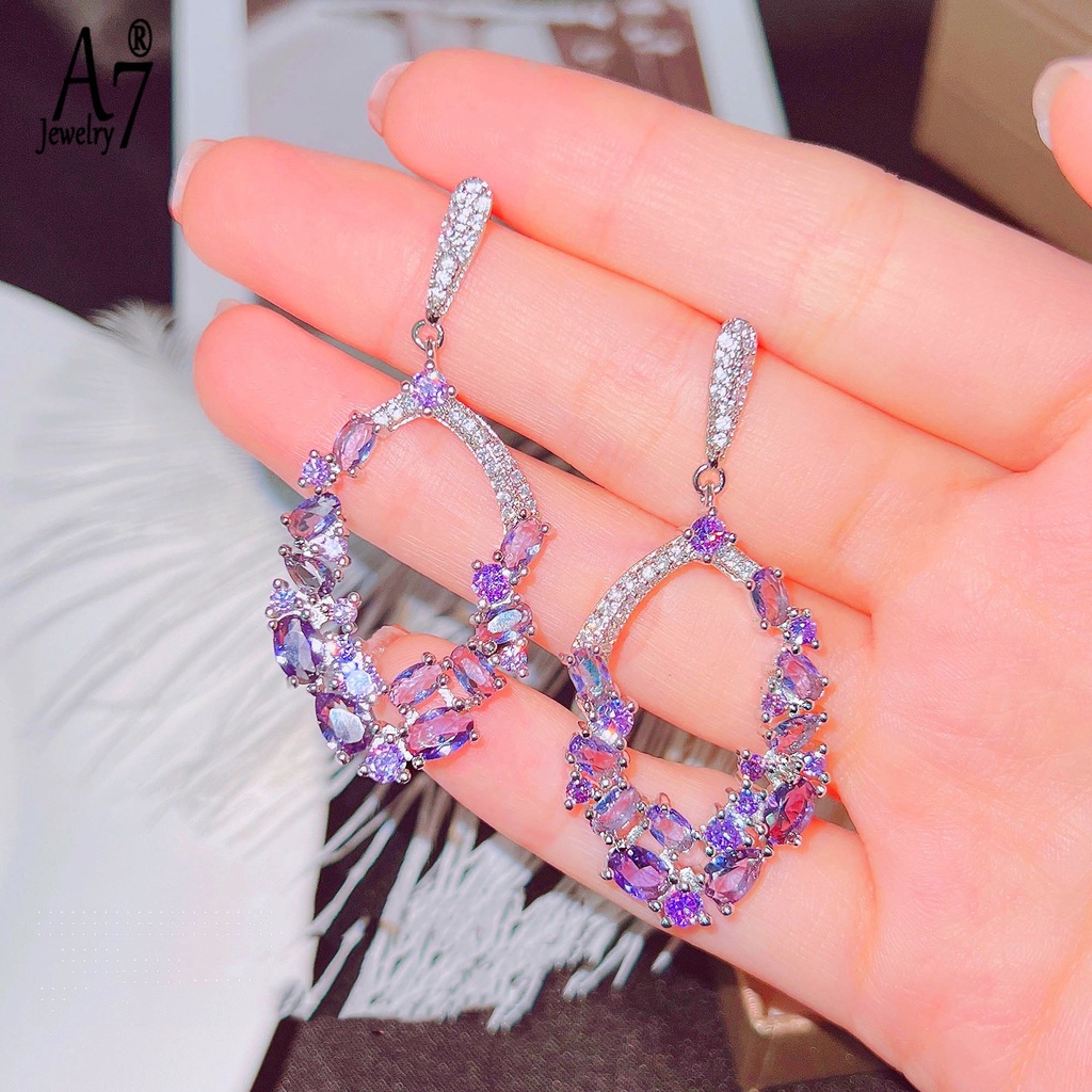 A7| Bông Tai Mạ Bạc 925 Hình Giọt Nước Đính Kim Cương Tím / Hoa Oải Hương / Giọt Nước Phong Cách