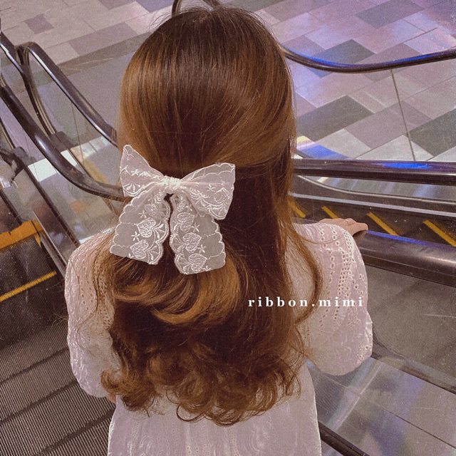 Kẹp Tóc Nơ Ren Trắng Handmade Họa Tiết Hoa Cao Cấp Ribbon.mimi Donna cột / kẹp