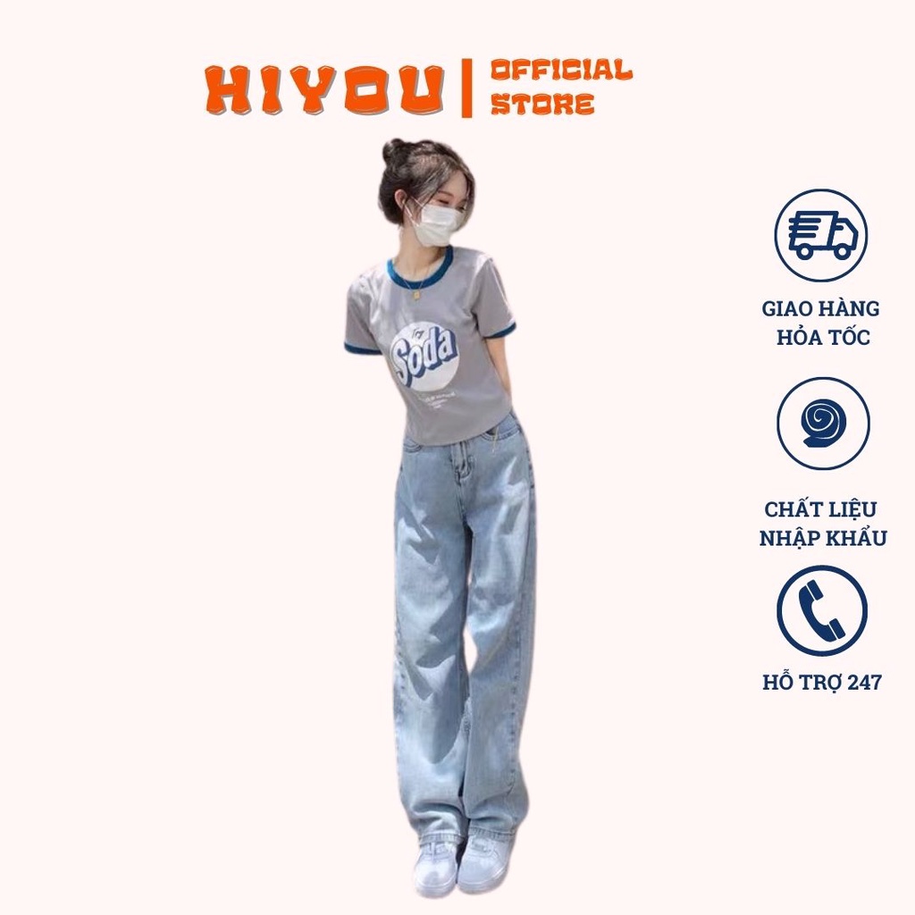 Quần jean nữ lưng cao ống suông,rộng Hiyou, Quần bò nữ lưng cao ống rộng style hàn quốc dáng suông hot 2022 TR01
