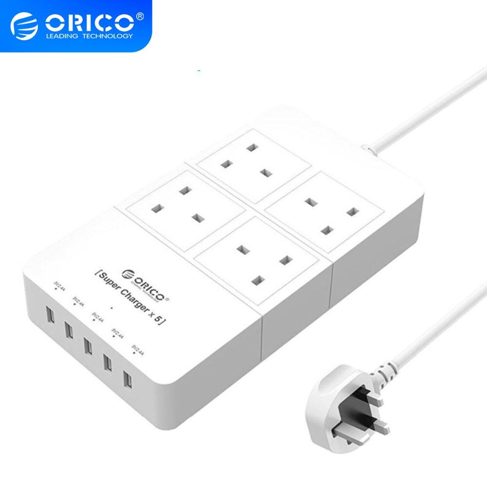 (Chính Hãng)Ổ CẮM ĐIỆN USB Thông Minh ORICO, Nhiều Ổ Cắm, Bộ Sạc USB 5 Cổng Phích Cắm 4AC UK Thiết Bị Chống Sét.