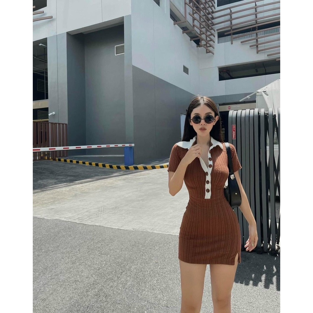 đầm body gân xương cá kiểu cổ bẻ phối nút