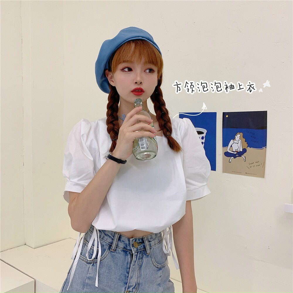 Áo voan cổ vuông croptop tay ngắn áo rút eo cực xinh TTSA1163