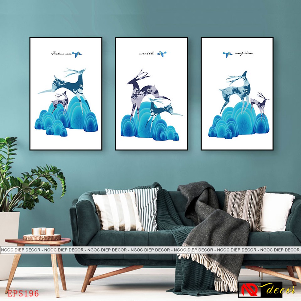Tranh Decor phòng khách 3 bức Hươu Hiện đại trang trí phòng ngủ treo tường nghệ thuật số hóa vintage đẹp R65