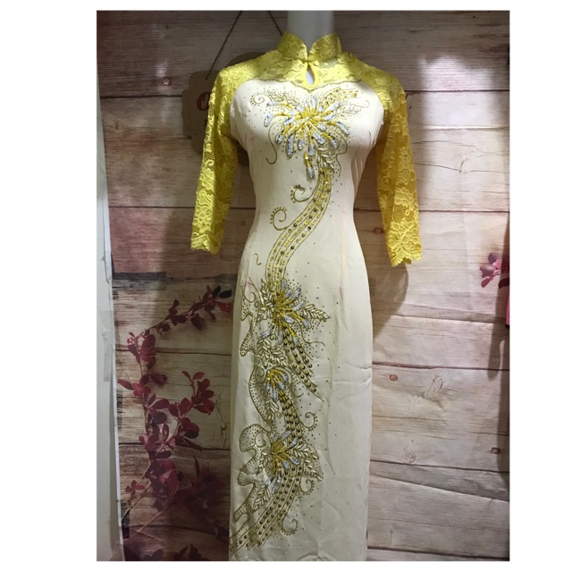 Bộ Áo Dài Hoa Kết Cườm phối Ren