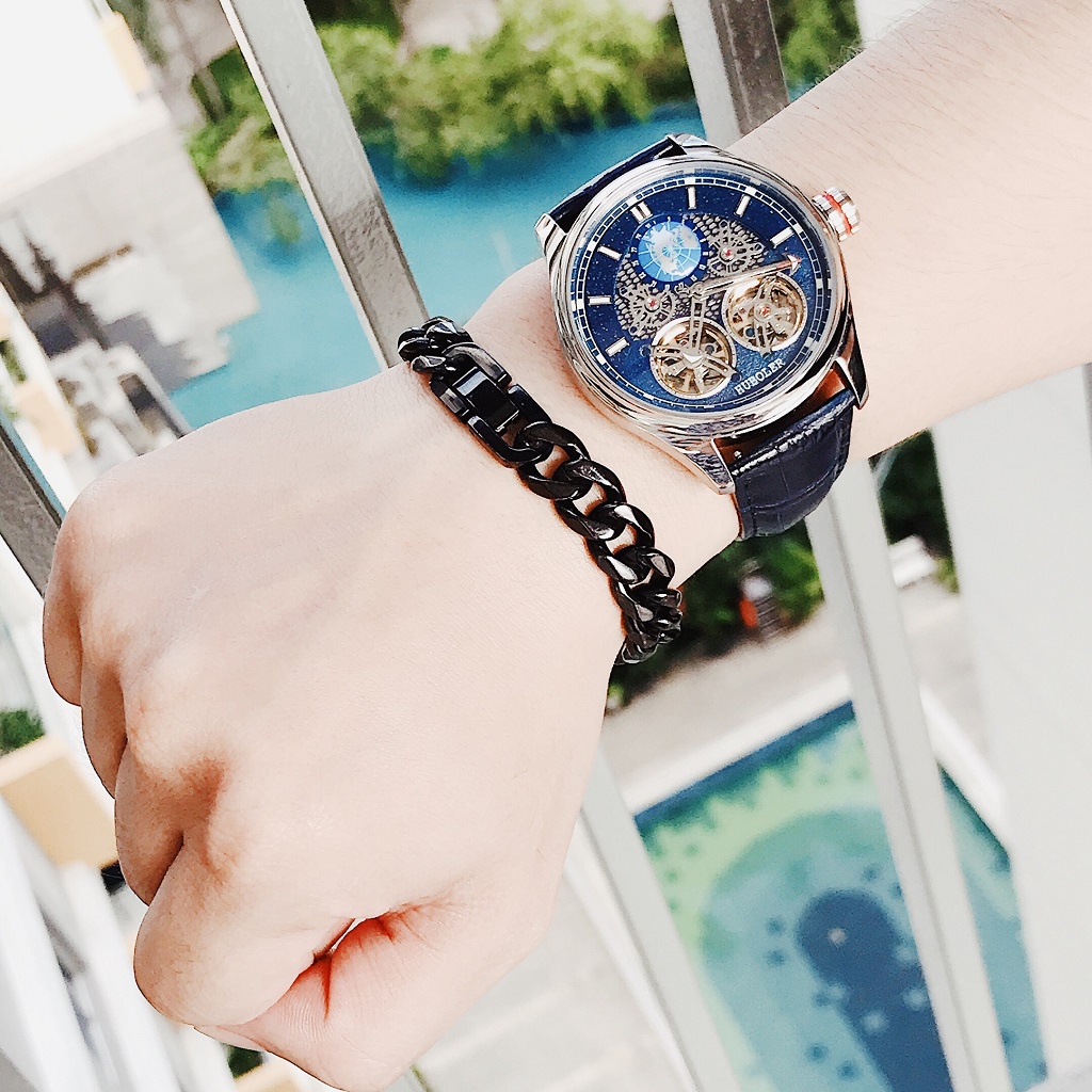 Đồng Hồ Nam Huboler Automatic Dây Da Xanh Silver Chính Hãng 44mm