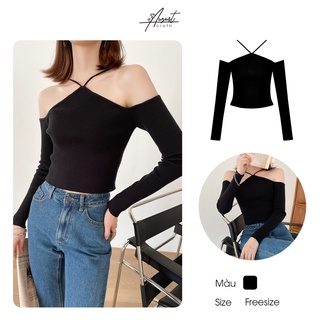 [Augustcloth] Áo croptop vải gân trễ vai tay dài đen dây chéo cổ phong cách Hàn Quốc