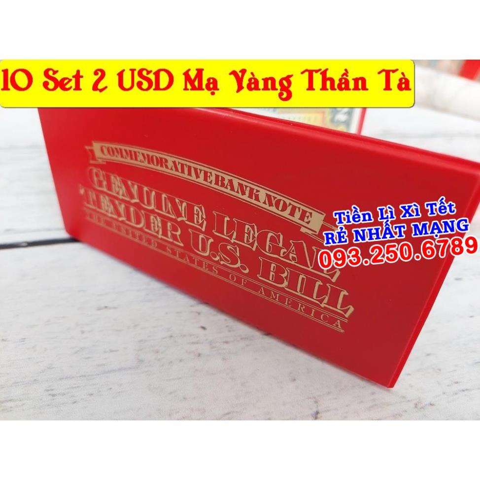 (10 Combo) Tờ 2 Đôla Mỹ Hình Thần Tài Vàng may mắn + bao da đỏ - Quà Tết 2022