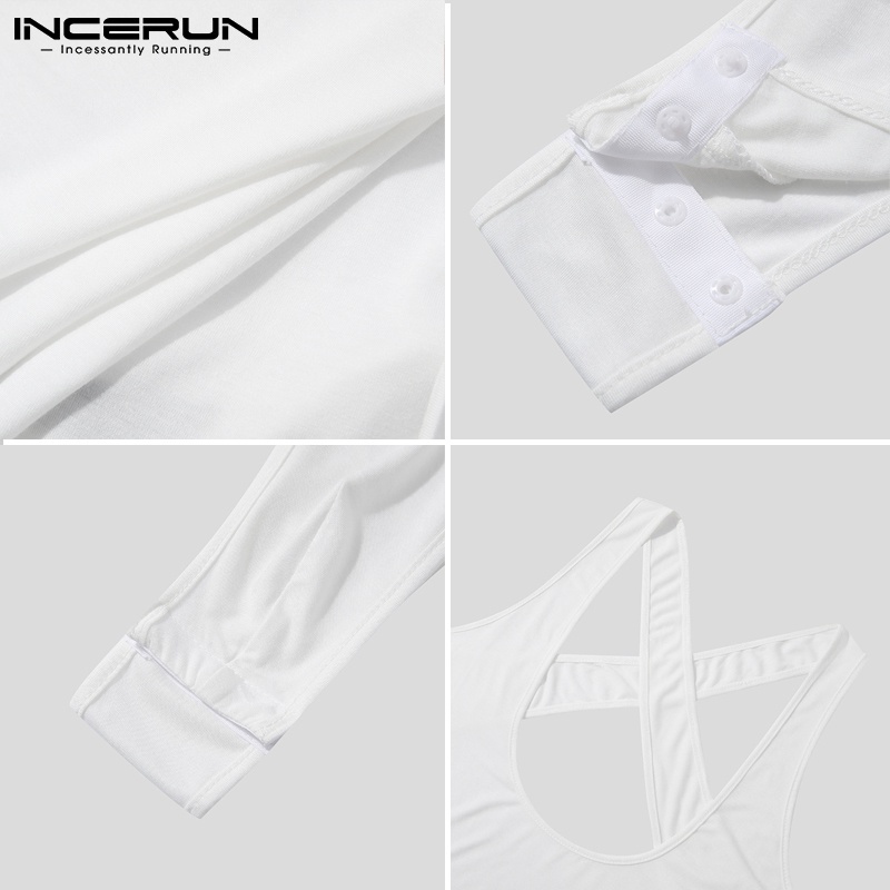 Áo liền quần INCERUN không tay cổ tròn màu trắng trơn xuyên thấu dành cho nam