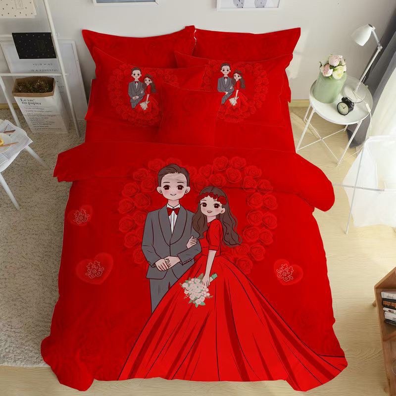 Bộ Chăn Ga Gối Cotton Hoạt Hình 3D Cô Dâu Chú Rể