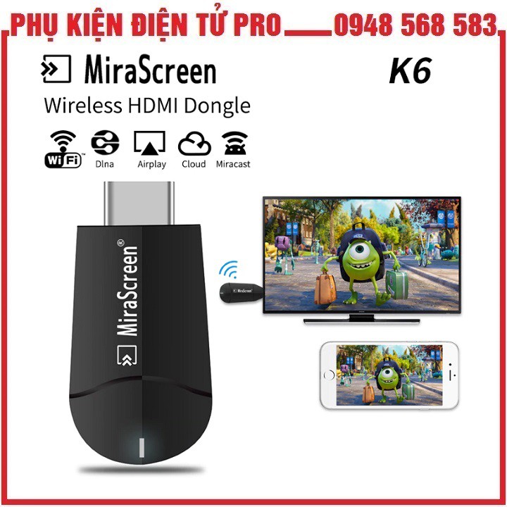 Thiết Bị Hdmi Không Dây Kết Nối Điện Thoại Với Tivi Full Hd 4K Mirascreen K6