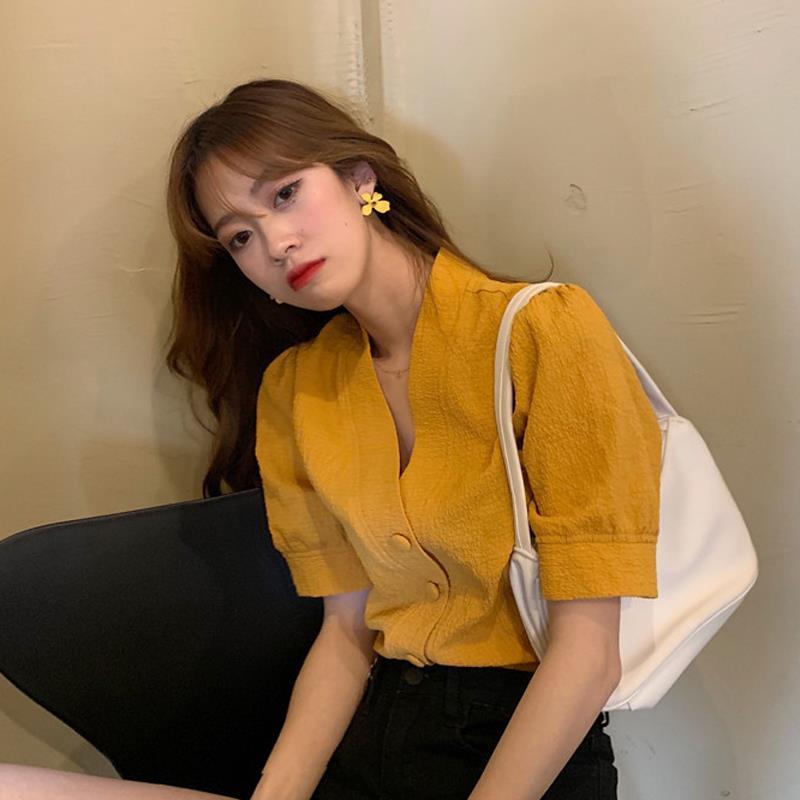 Áo kiểu tay ngắn phồng cổ chữ V phong cách retro thời trang mùa hè xinh xắn dành cho nữ