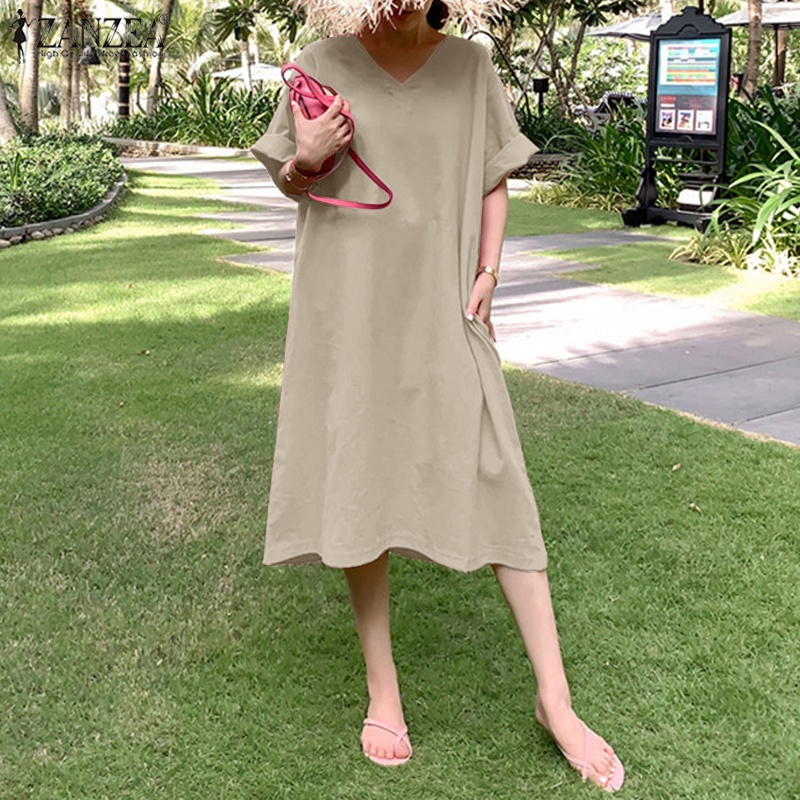 Đầm midi ZANZEA tay ngắn cổ chữ V phong cách Hàn Quốc cho nữ