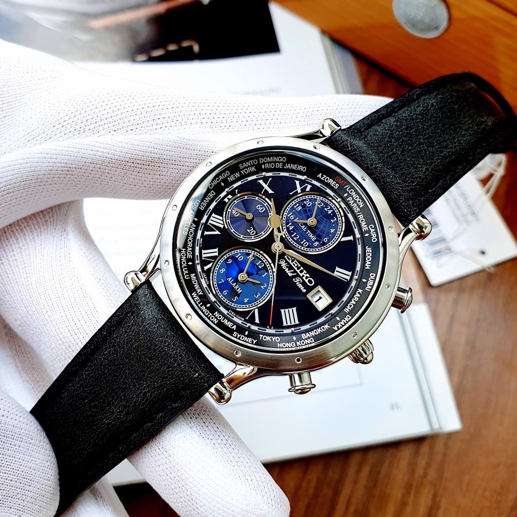 Đồng hồ Nam Seiko World Time SPL059P1 mặt xanh , dây da , chống nước , chống trầy , bảo hành 12 tháng .