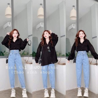 Áo sơ mi đen dáng dài, quần bagyy cạp cao