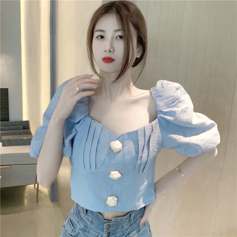 AMOI Áo Kiểu Cổ Vuông Tay Phồng Họa Tiết Sọc Caro Phong Cách Pháp Thời Trang Cho Nữ